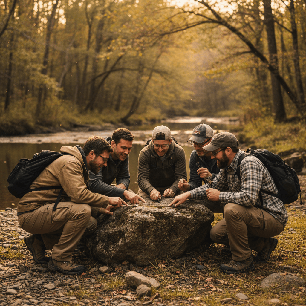 Group of dads inspecting a river rock as part of a community challenge