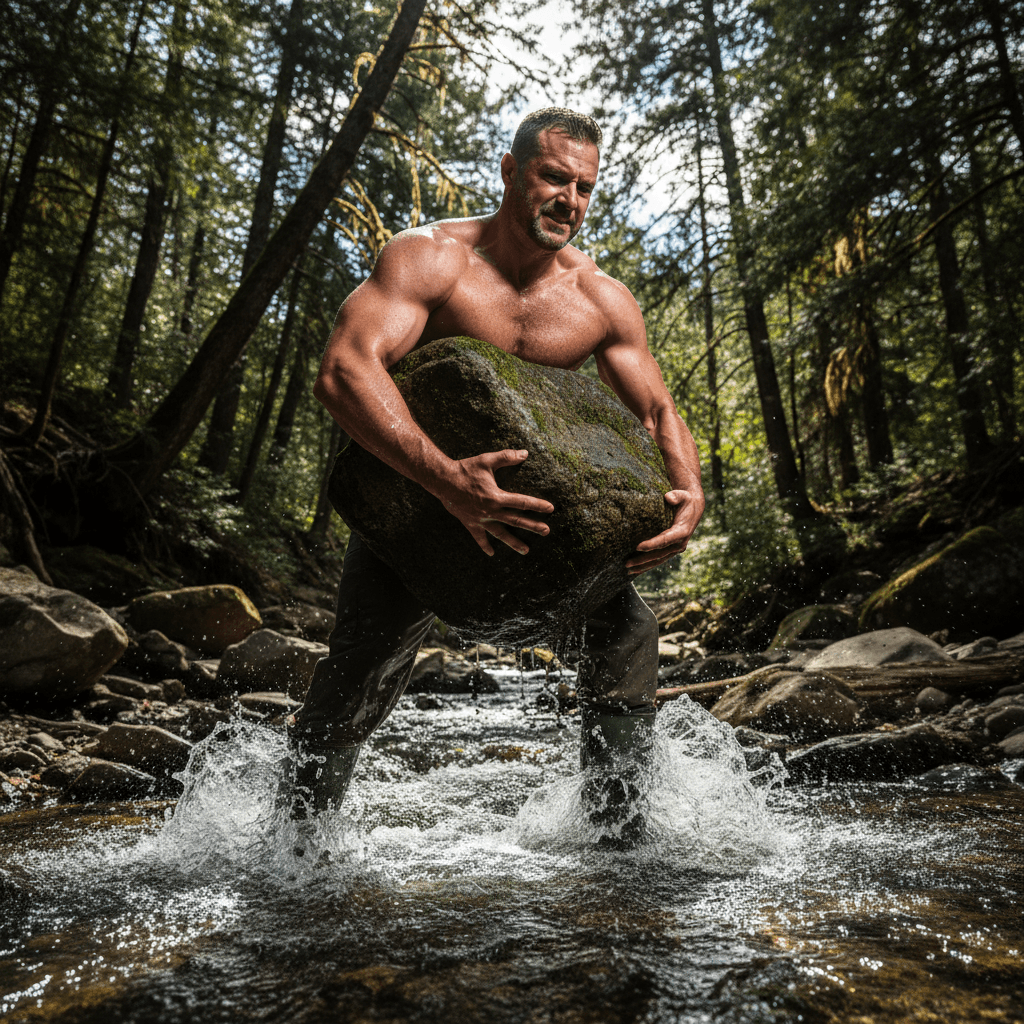 Dad carrying river rock through creek