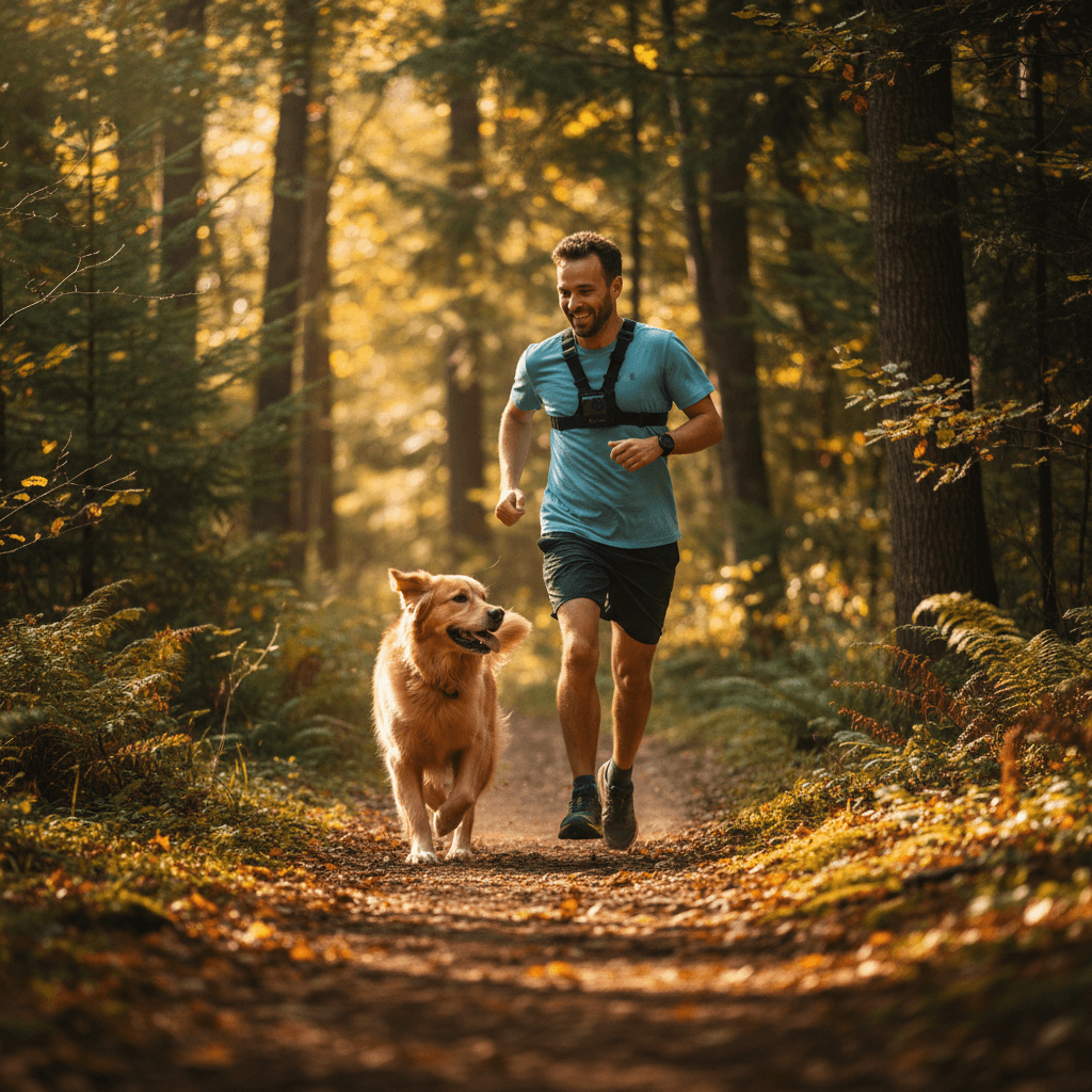 Sir Benedict the mascot dog trotting on a trail with a dad