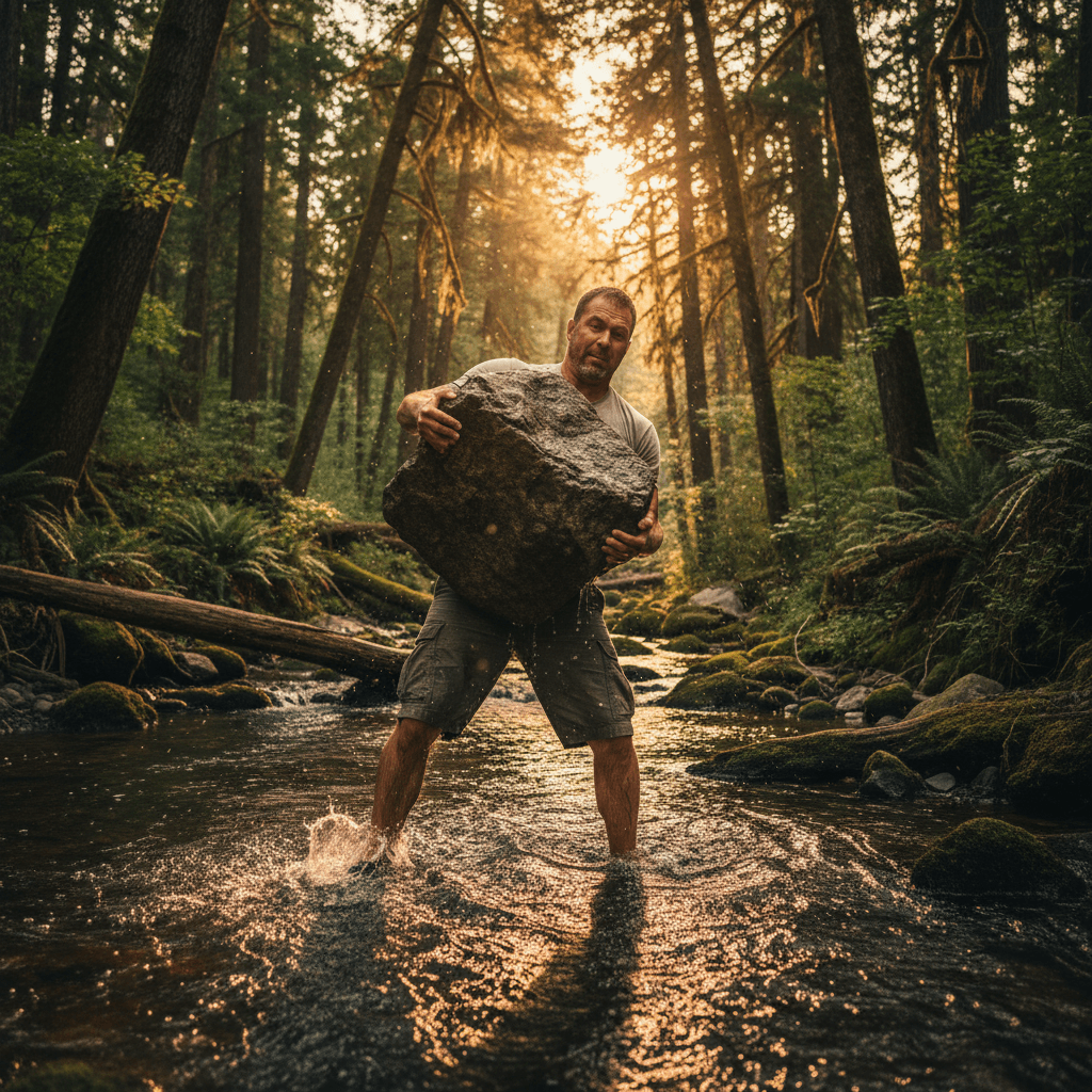Dad carrying a large river rock through a creek during a challenge