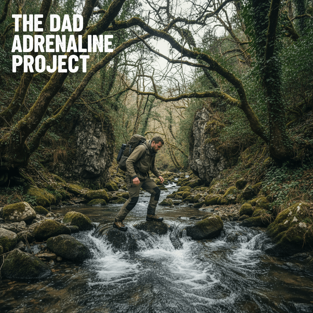 Dad navigating challenging terrain through woods and creek during an adventure