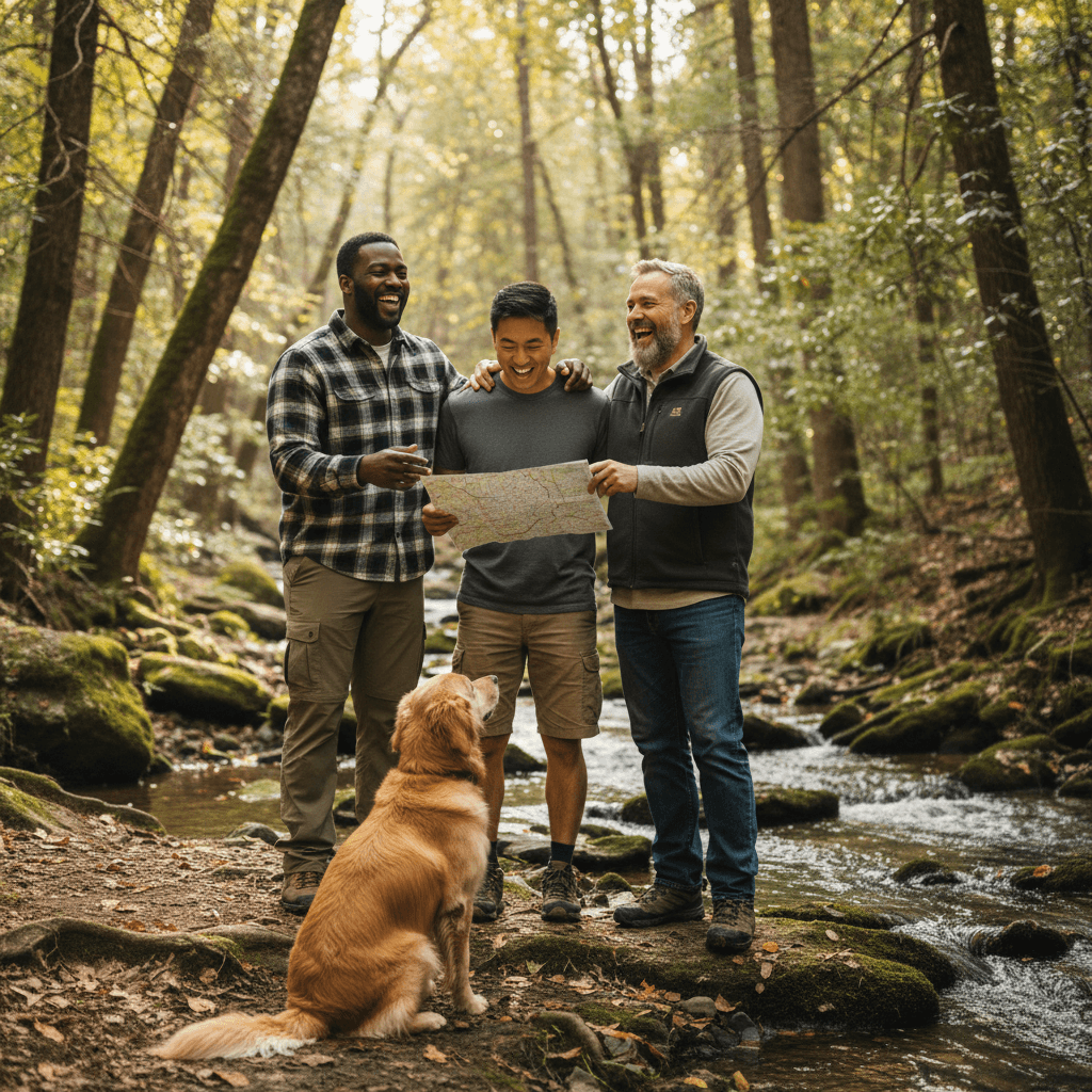 Dads gathered together planning adventure