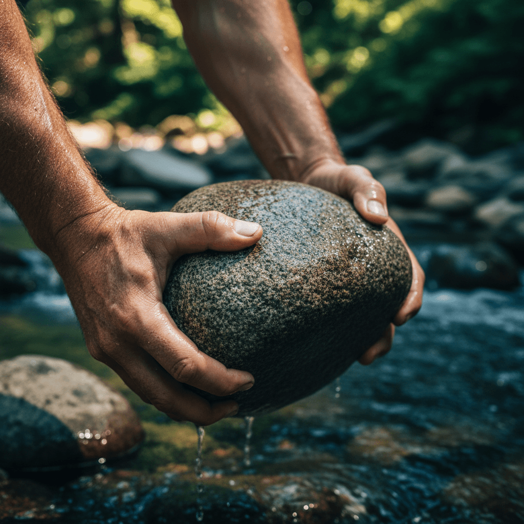 Close-up of hands gripping river rock