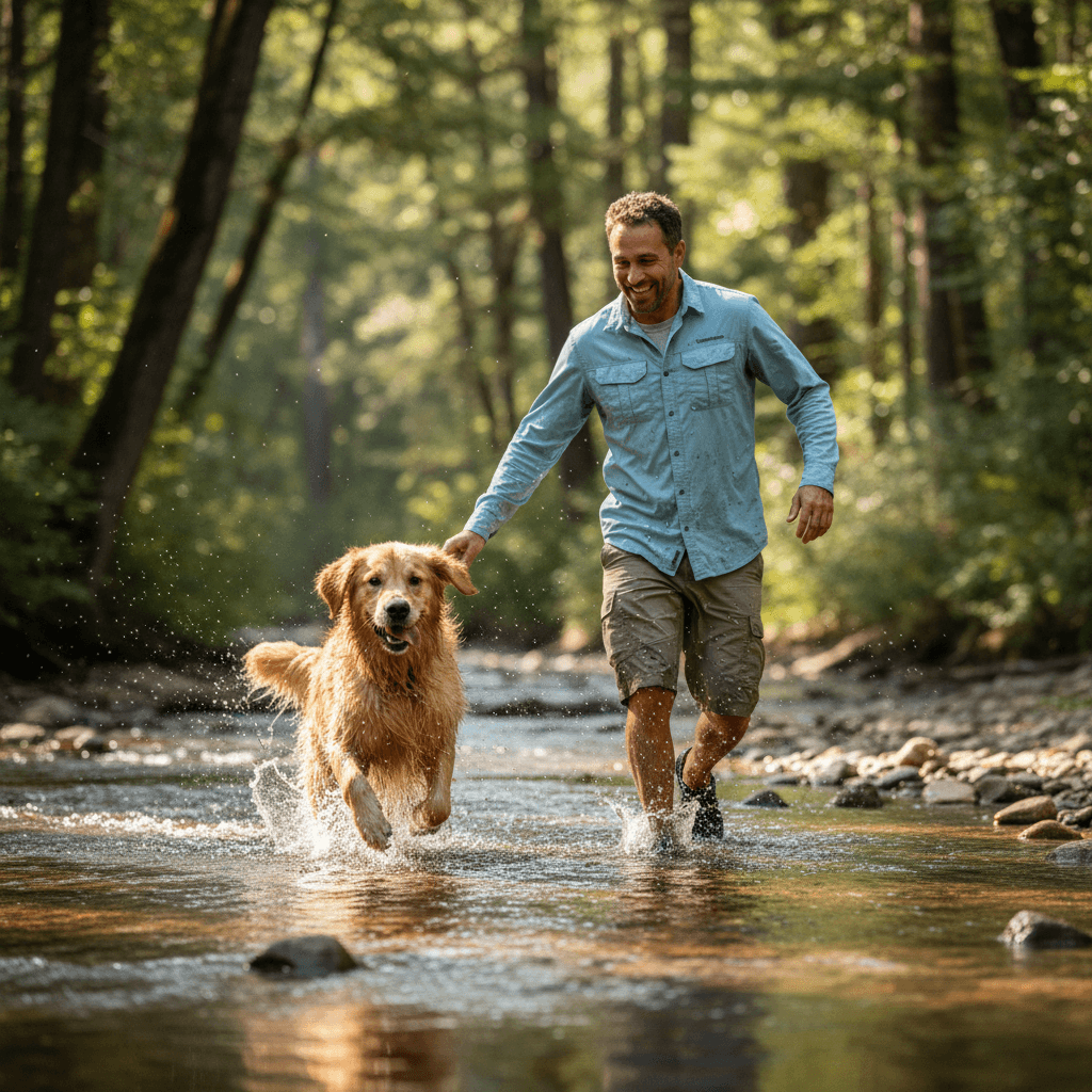 Sir Benedict dog running through creek with dad