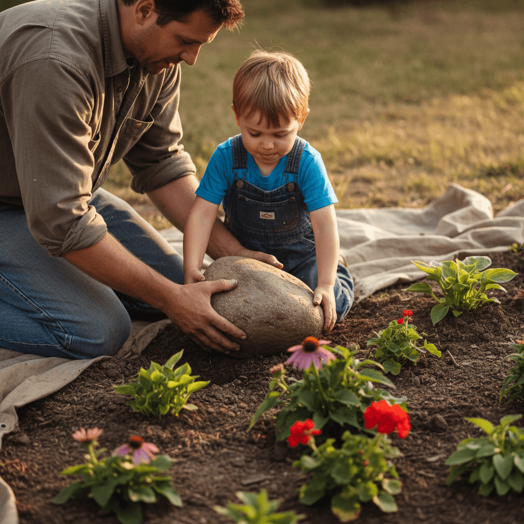 Dad and son working together on a garden project with a river rock
